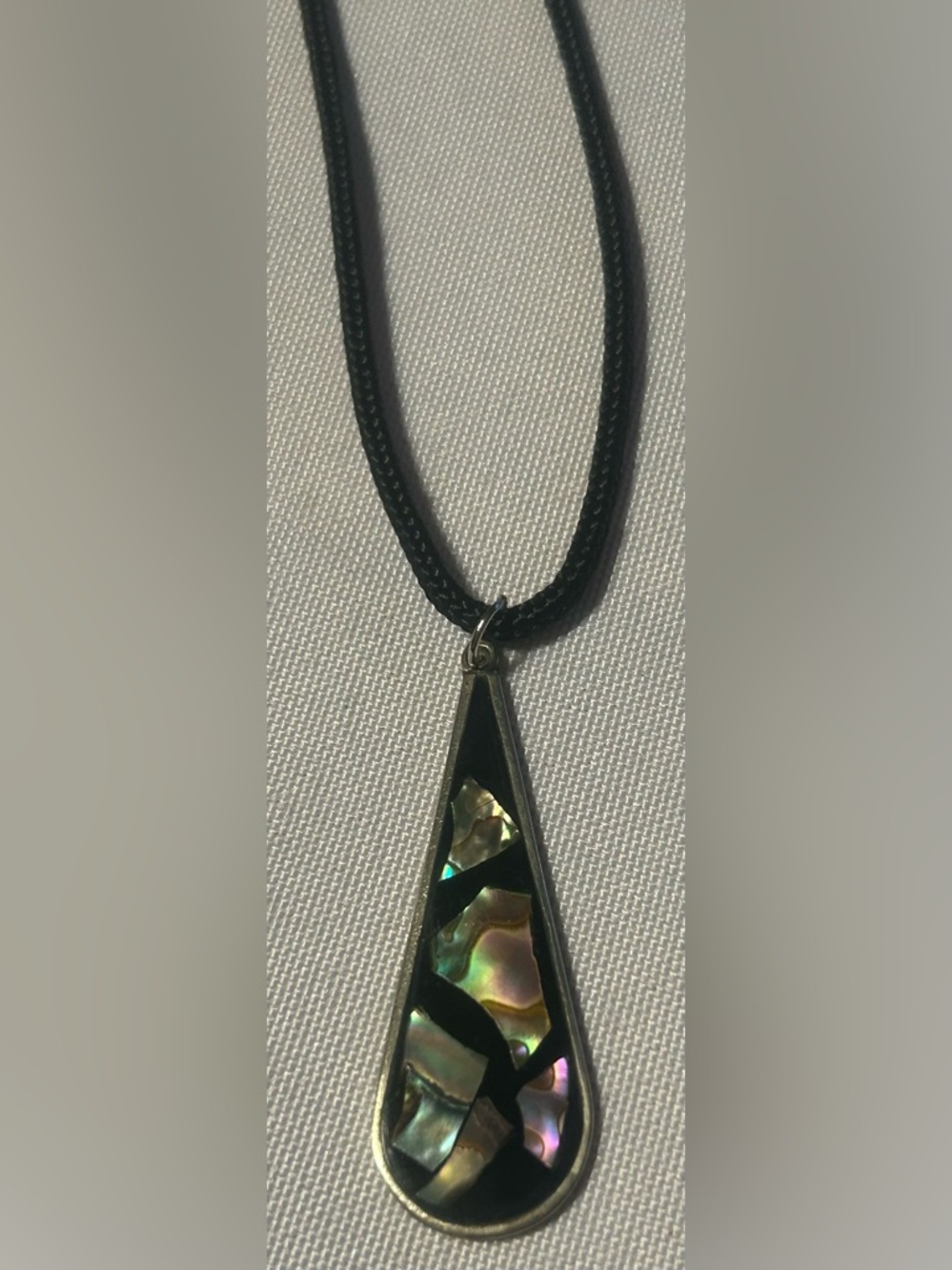 Vintage Alpaca Silver Mexico Teardrop Necklace - Abalone and Enamel/Onyx Accent
